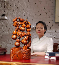 Pear wood carving, fortune, longevity, happiness, wealth, gourd ornaments, five blessings, redwood crafts, home decor, living room decoration