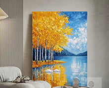 Thick texture Swan Lake Abstract Landscape Hand drawn Oil Painting Living Room Golden Ginkgo Tree Decorative Painting Entrance Hanging Painting