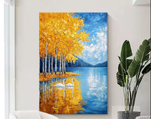 Thick texture Swan Lake Abstract Landscape Hand drawn Oil Painting Living Room Golden Ginkgo Tree Decorative Painting Entrance Hanging Painting