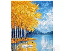 Thick texture Swan Lake Abstract Landscape Hand drawn Oil Painting Living Room Golden Ginkgo Tree Decorative Painting Entrance Hanging Painting
