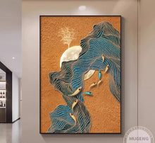 Large scale floor to ceiling murals in the living room of a new Chinese style villa, decorative paintings in the entrance hallway, modern high-end hanging paintings in the hallway