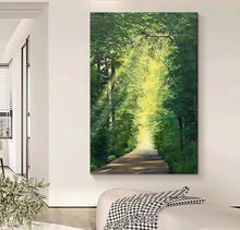 Hand drawn green forest path scenery hanging painting, Dingdar effect living room decoration painting, entrance hall Dafen Village oil painting