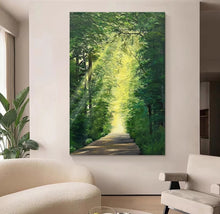 Hand drawn green forest path scenery hanging painting, Dingdar effect living room decoration painting, entrance hall Dafen Village oil painting