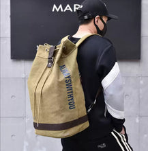 Canvas backpack men's drawstring large capacity bucket bag college student backpack men's cylindrical sports hiking travel backpack