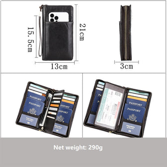 Magnetic travel family passport storage bag with multifunctional zipper and wrist strap, genuine leather passport bag