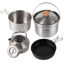 Outdoor pot camping stainless steel cookware 4-piece set, kettle, frying pan, cooking pot, self driving portable picnic set