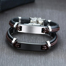 2023 European and American style stainless steel leather bracelet men's stainless steel leather black bracelet wristband engraved