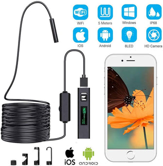 F150 WiFi Endoscope Camera 8mm 5m Hard cable Mini Camera HD1200P Waterproof Wifi Inspection Borescope for Android Iphone PC