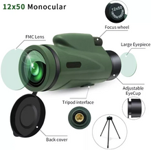 Large 12x50 monocular field of view, outdoor camping, hunting, hd fmc telescope with tripod, cell phone holder, bird watching