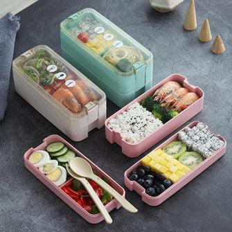 Creative wheat straw three-layer student lunch box outdoor picnic lunch box bento degradable lunch box for kids