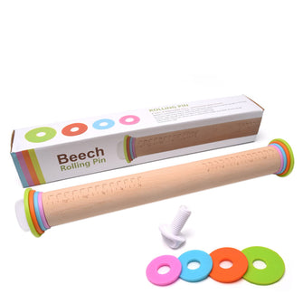 Solid Beech Wood Adjustable Roller Pin with 4 Removable Thickness Rings for Baking Pizza Cake Cookies