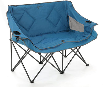 OUTDOOR Portable Folding Double Duo Camping Chair Loveseat w/ 2 Cup & Wine Glass Holder, Heavy-Duty Padded Seats&Armrests