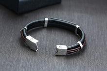 2023 European and American style stainless steel leather bracelet men's stainless steel leather black bracelet wristband engraved