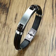 2023 European and American style stainless steel leather bracelet men's stainless steel leather black bracelet wristband engraved