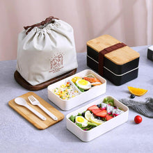 Bamboo cover double layer lunch box bag tableware set food container plastic separation lunchbox children's wooden cover lunch box