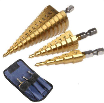 3 PCS HSS Titanium Coated Cone Step Drill Bit Set, Metric 4-12/20/32mm