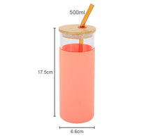 Hot Selling Custom 17oz 500ml Pink Blue Black Borosilicate Glass Tumblers with Bamboo Lid and Straw for Juice Water